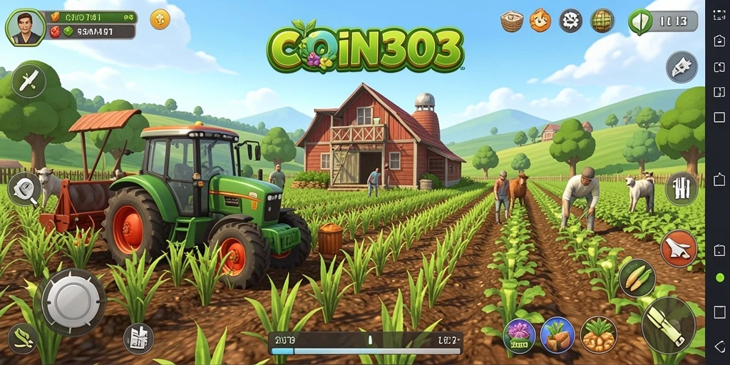 Tampilan gameplay COIN303 yang menampilkan ladang subur dan hewan peliharaan.