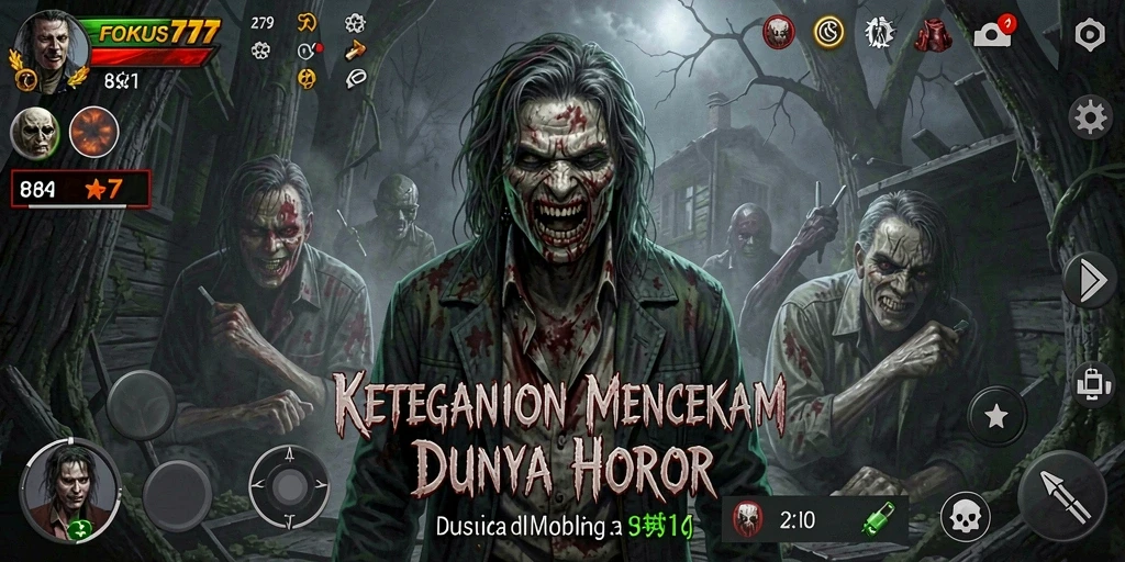 Screenshot gameplay FOKUS777 menampilkan suasana horor yang mencekam.