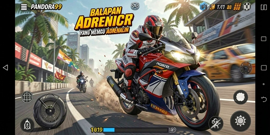 Screenshot PANDORA99 menampilkan aksi balapan motor yang mendebarkan.
