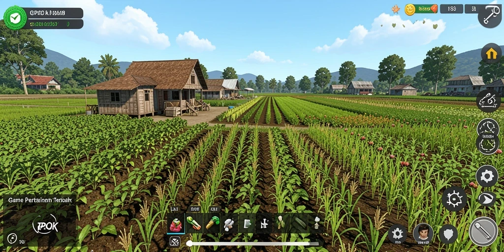 Tampilan gameplay RPOK yang menampilkan ladang hijau dan hewan ternak.