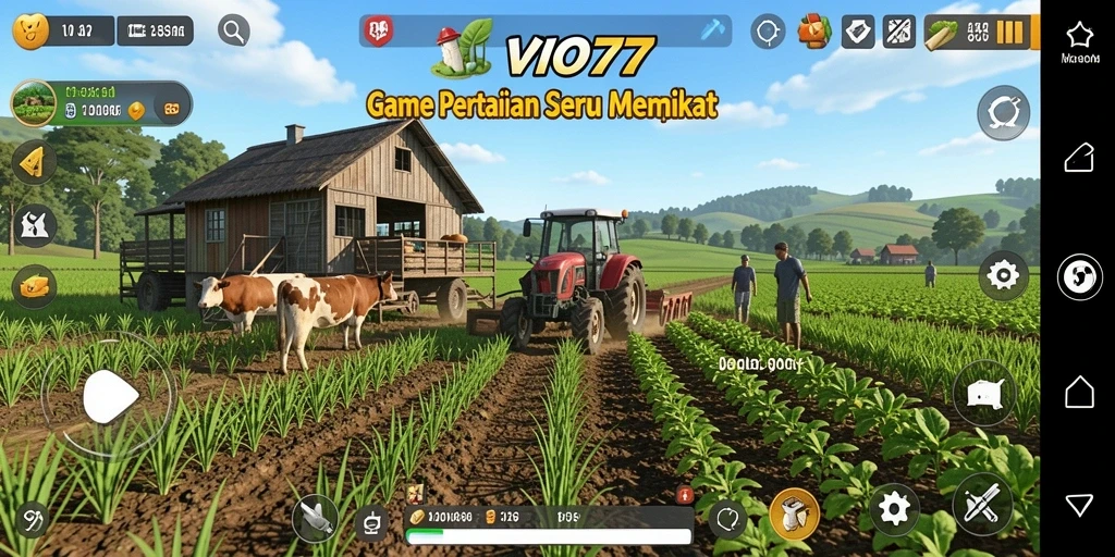 Tangkapan layar gameplay VIO77 menampilkan kebun subur yang dikelola pemain.